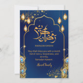 Luxe Navyblauw en Gouden Pauw Ramadan Iftar Kaart (Achterkant)