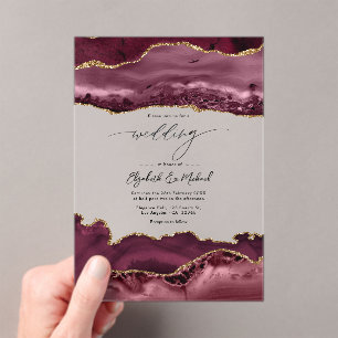 Luxe Nep Glitter Bourgondië & Goud Agaat Bruiloft Acryl Uitnodigingen