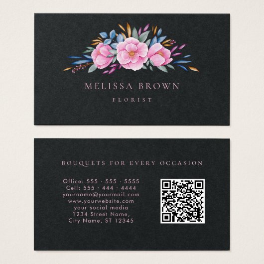Luxe noir rose floral moderne Aquarelle QR Code (Devant & derrière)
