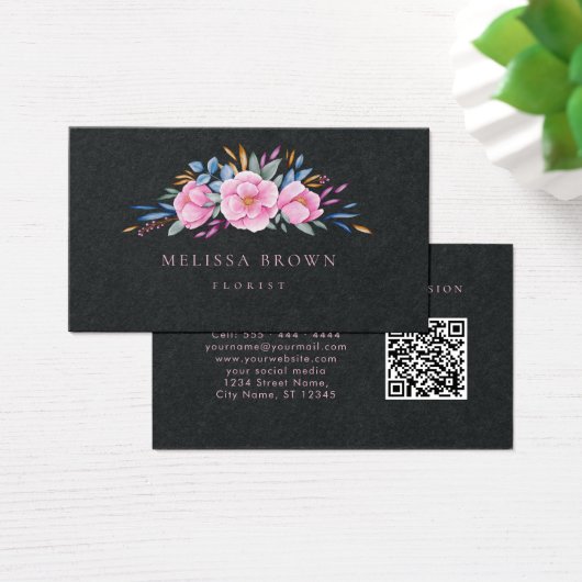 Luxe noir rose floral moderne Aquarelle QR Code (Bureau)
