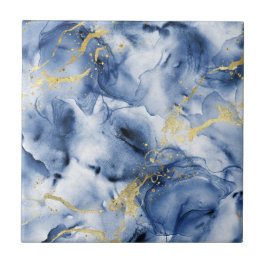 Luxe Oceaan Blauw en Goud Alcohol Inkt Vloeistof Tegeltje