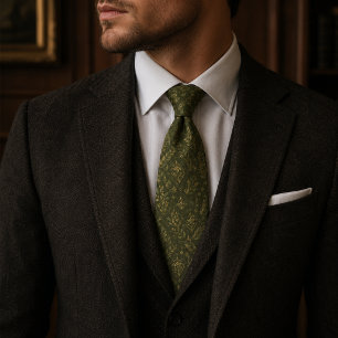 Luxe olijfgroene botanische tuin jacquard stropdas