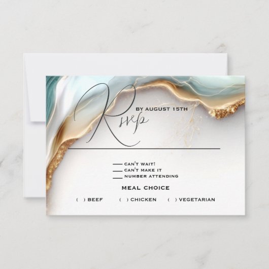 Luxe Opal Blauwgroen Gold Fluid Alcohol Ink RSVP Kaartje (Voorkant)