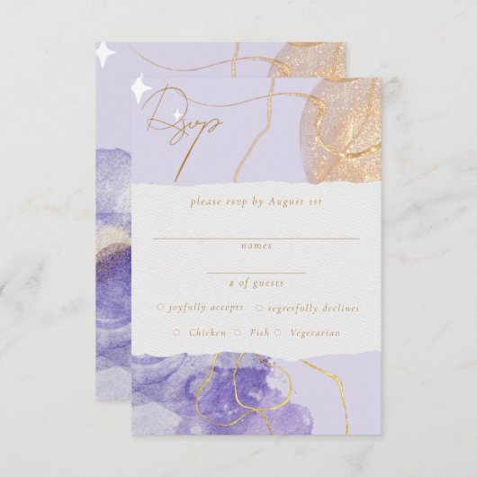 Luxe Paars & Gouden Abstract RSVP Informatiekaartje (Voorkant / Achterkant)