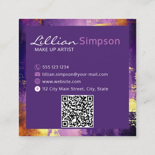 Luxe paarse en gouden abstracte QR-code Vierkante Visitekaartje (Achterkant)