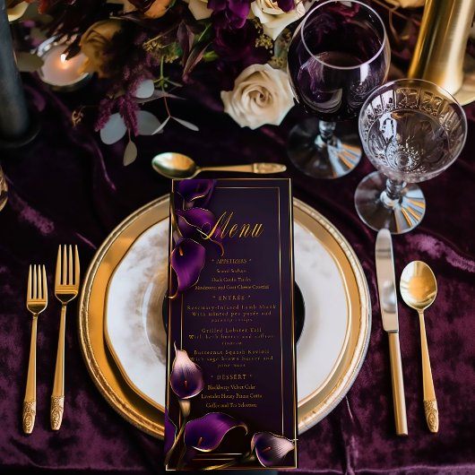 Luxe Paarse en gouden Calla Lily bruiloft Menu