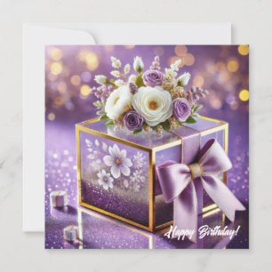 Luxe paarse glazen bloemen cadeau gouden chiffon b feestdagenkaart