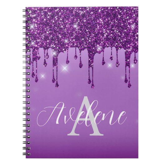 Luxe Paarse Glitter Drips Monogram Notitieboek (Voorkant)