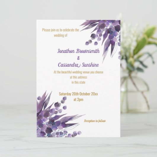 LUXE PAARSE GOLD EUCALYPTUS INVITATIE KAART (Staand voorkant)