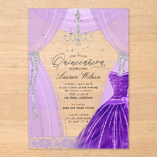 Luxe Paarse kroonluchter Sparkle Quinceanera Acryl Uitnodigingen