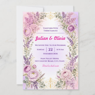 Luxe Paarse Lavendel en Ranunculus Trouw Kaart