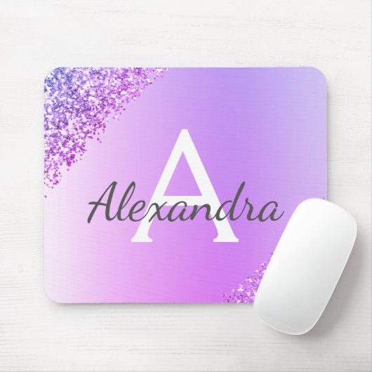Luxe Paarse Sparkle Glitter Monogram Naam Muismat (Met muis)