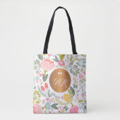 Luxe pastel roze floral kopermonogram wit draagtas (Voorkant)