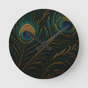 Luxe Pauwenoogveren Goud Teal Patroon Ronde Klok