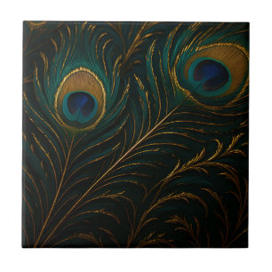 Luxe Pauwenoogveren Goud Teal Patroon Tegeltje
