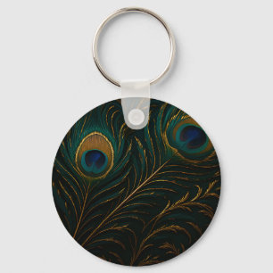 Luxe Pauwveren Goud Teal Patroon Sleutelhanger