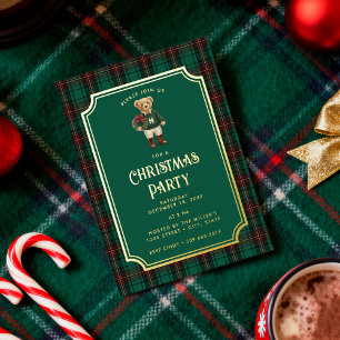 Luxe Preppy Geruite Kerst Teddybeer Folie Uitnodiging