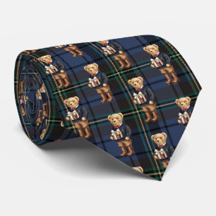 Luxe Preppy Geruite Kerst Teddybeer Stropdas