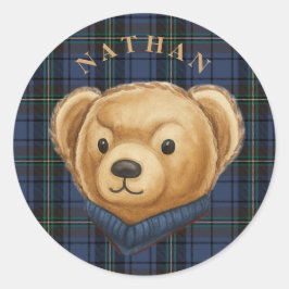 Luxe Preppy Plaid Teddy Bear Head Ronde Sticker