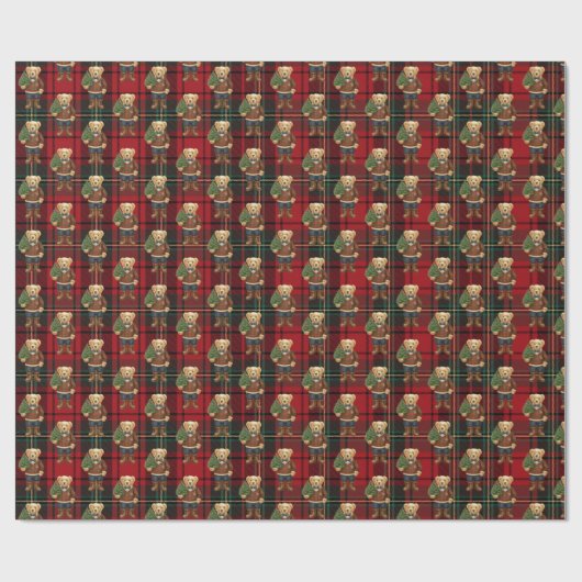 Luxe Preppy Red Plaid Christmas Teddy Bear Cadeaupapier (Vlak)