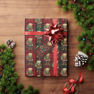 Luxe Preppy Rode Geruite Kerst Teddybeer Cadeaupapier