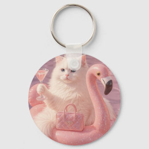 Luxe Prinses Kat op Roze Flamingo Zwembad Drijver  Sleutelhanger