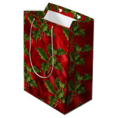 Luxe Red Folie, groene Holly Red Berries Medium Cadeauzakje (Achterkant Gekanteld)