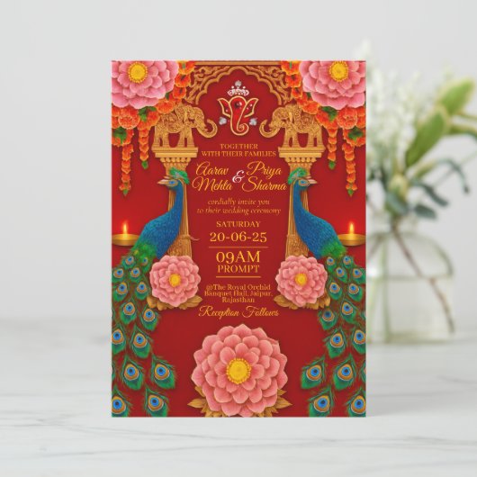 Luxe Red & Gold Faire-part de mariage indienne (Debout devant)