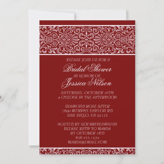 Luxe Red Lace Elegant Invitation Fête des mariées (Devant)