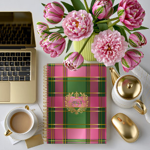 Luxe Rijke Roze Groene Geruite Wapen Monogram Notitieboek