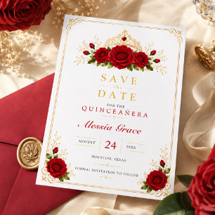 Luxe Rode Roos en Gouden Kroon Quinceañera Save The Date