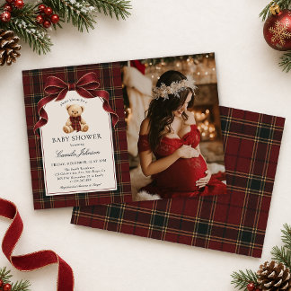 Luxe rode tartan teddybeer babyshower foto kaart