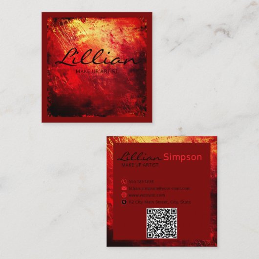Luxe rood en goud abstracte QR-code Vierkante Visitekaartje (Voorkant / Achterkant)