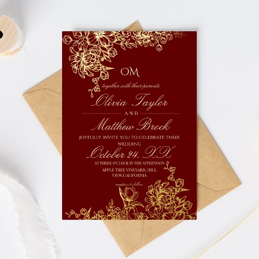Luxe Rood & Goud Tuin Bloem Elegante Trouw Folie Uitnodiging
