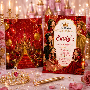Luxe Rood & Gouden Prinses Verjaardag Kaart