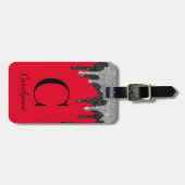 Luxe Rood Zilver Zwart Glitter Druppels Monogram Bagagelabel (Voorkant horizontaal)