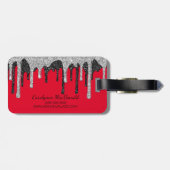 Luxe Rood Zilver Zwart Glitter Druppels Monogram Bagagelabel (Achterkant horizontaal)