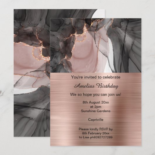 LUXE ROOS GOLD CHIFFON PARTIJ METALLIC INVITATIE KAART (Voorkant / Achterkant)