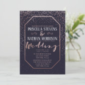 Luxe Roos Gold Confetti Navy Blue Wedding Kaart (Staand voorkant)