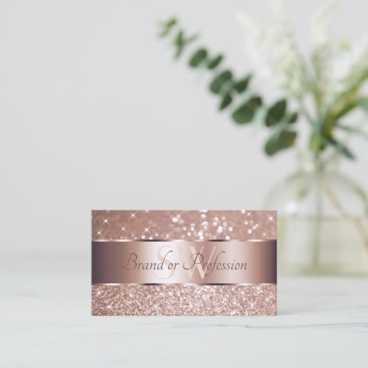 Luxe Roos Gold Glitter Sparking Stars Monogram Visitekaartje (Staand voorkant)