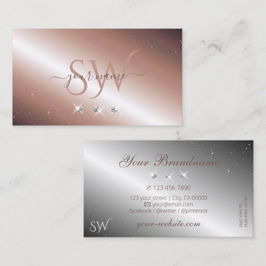 Luxe Roos Gold Silver Sparkle Diamonds Initialen Visitekaartje (Voorkant / Achterkant)
