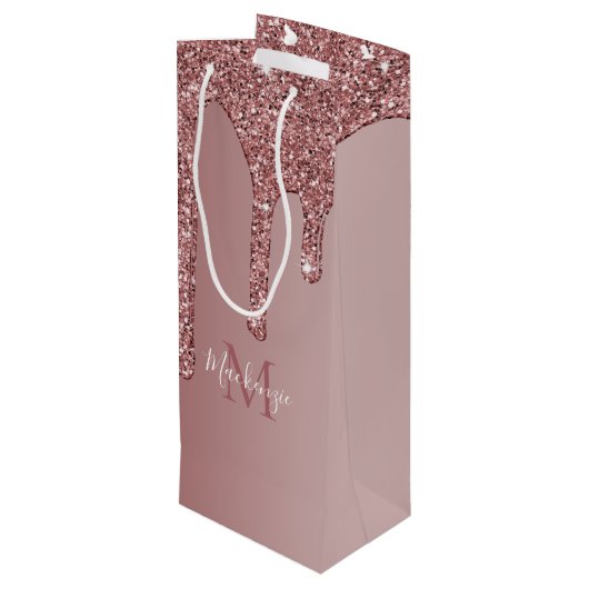 Luxe Roos Gold Sparkle Glitter Drift Monogram Wijn Cadeautas (Achterkant Gekanteld)