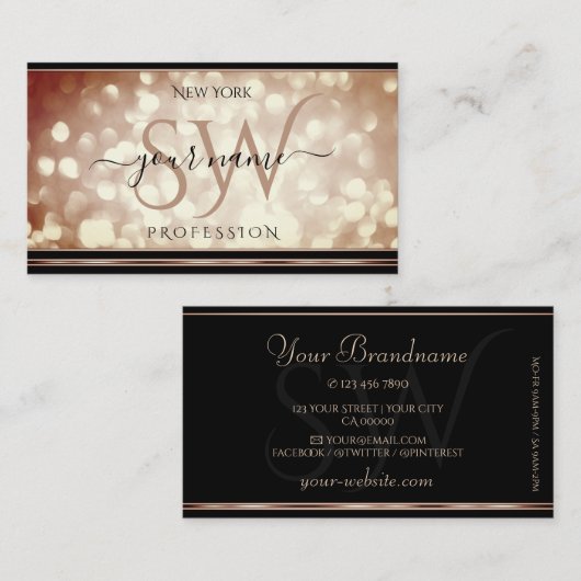 Luxe Roos Gold Sparkle Glitter Initialen Black Visitekaartje (Voorkant / Achterkant)