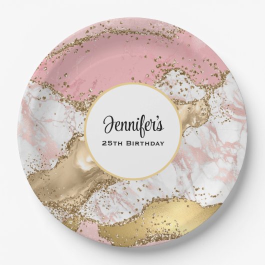 Luxe Roos Goud Roze Marmer Design Verjaardag Papieren Bordje (Voorkant)