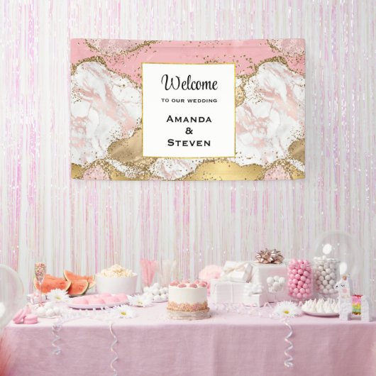 Luxe Roos Goud Roze Marmeren Ontwerp Bruiloft Spandoek (Feest)