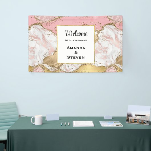 Luxe Roos Goud Roze Marmeren Ontwerp Bruiloft Spandoek (Beurs)