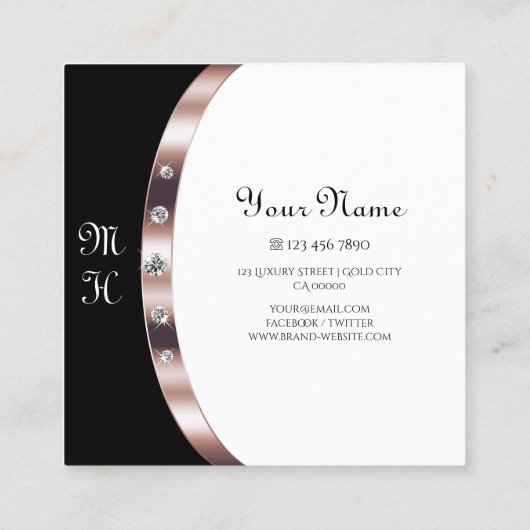 Luxe Roos Goud Zwart-Wit met Monogram Vierkante Visitekaartje (Achterkant)