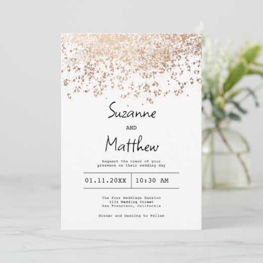 Luxe roos gouden witte script confetti bruiloft kaart (Staand voorkant)