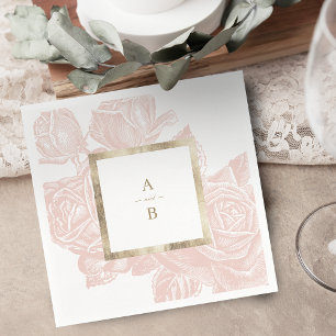 Luxe roos zwart goud  botanisch monogram servet