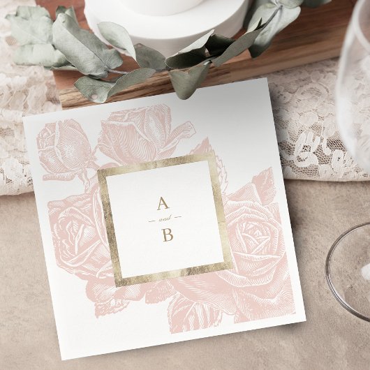 Luxe roos zwart goud  botanisch monogram servet